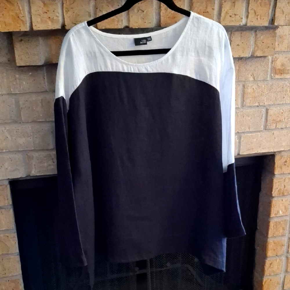 Lisa Bayne Black & White Asymmetrical Linen Top Lagenlook Boho Size XXLarge
